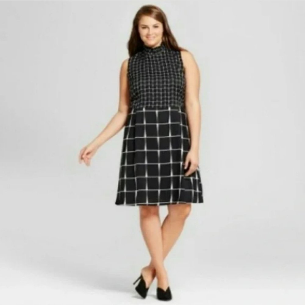 Who What Wear Plaid Smock Neck A Line Dress Black White XL Business casual mod